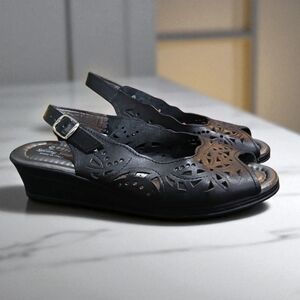 Spring Step Leather Slingback Peep Toe Perforation Black Shoes Womans 8 39